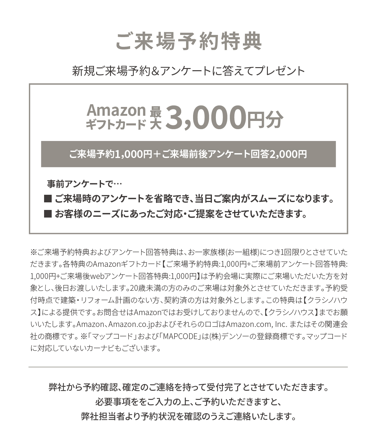 新規ご来場予約&アンケートに答えてプレゼント Amazonギフトカード最大3,000円分