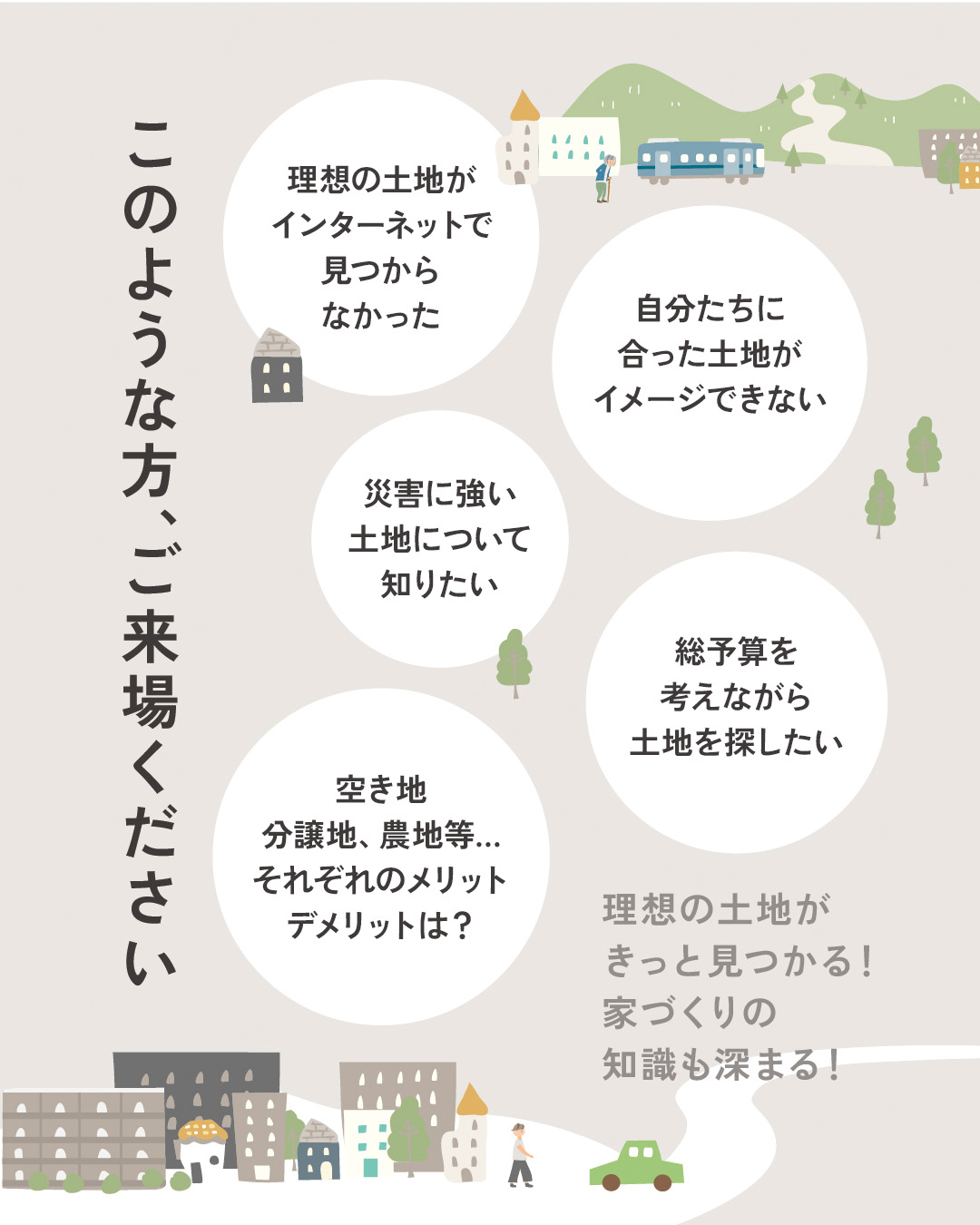 このような方、ご来場ください。理想の土地がインターネットで見つからなかった／自分たちに合った土地がイメージできない／災害に強い土地について知りたい／総予算を考えながら土地を探したい／空き地・分譲地・農地等、それぞれのメリット・デメリットは？ 理想の土地がきっと見つかる！家づくりの知識も深まる！